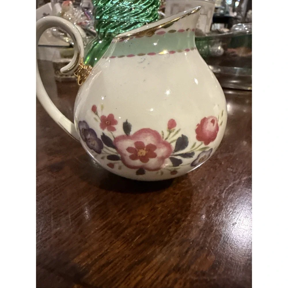 Small Gold Trimmed Creamer Pitcher Jug - White Pink & Purple Flowers